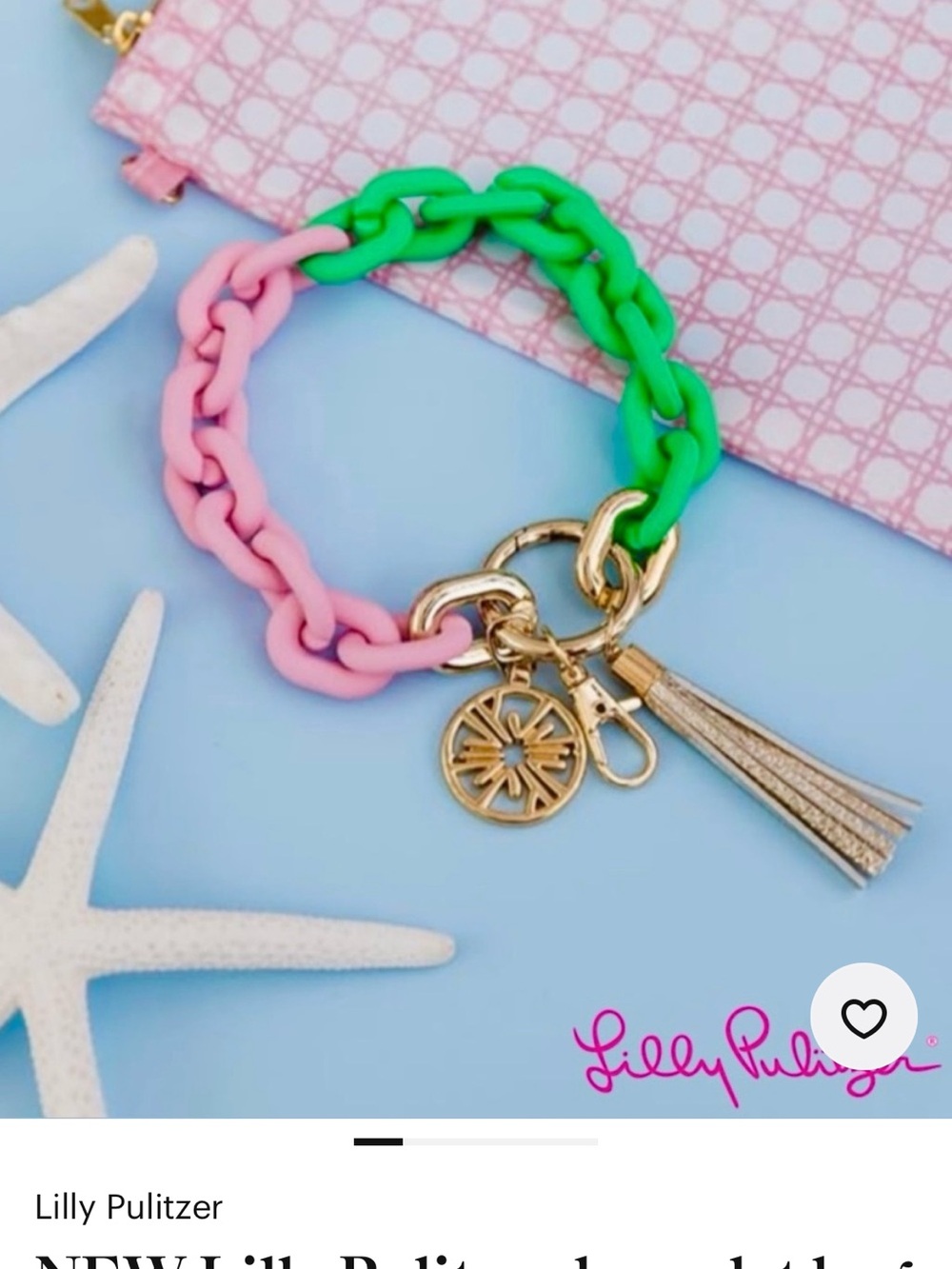 Lilly Pulitzer Pink and Green Chunky Chain Bracelet Keyring with Gold Tassel